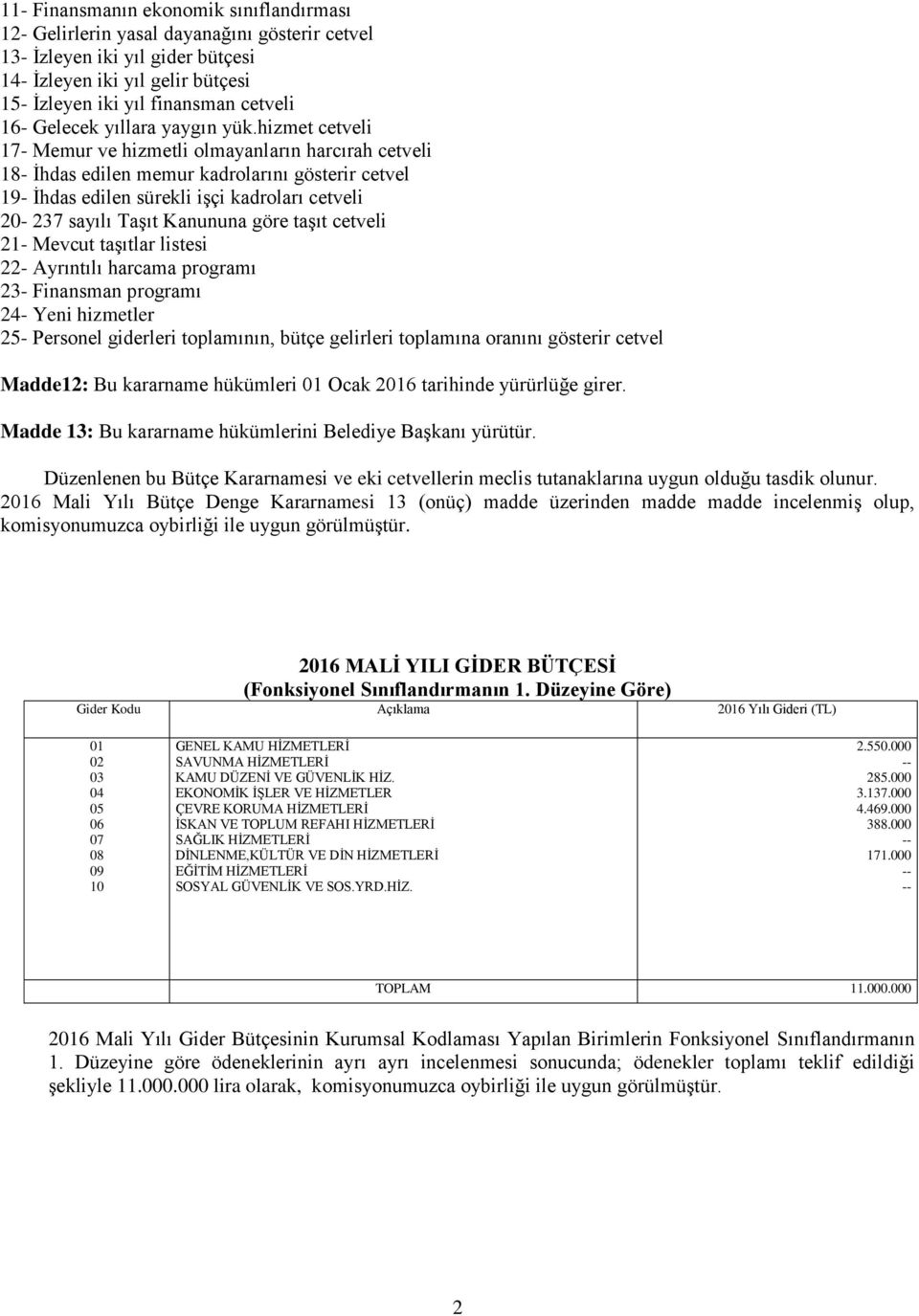 hizmet cetveli 17- Memur ve hizmetli olmayanların harcırah cetveli 18- İhdas edilen memur kadrolarını gösterir cetvel 19- İhdas edilen sürekli işçi kadroları cetveli 20-237 sayılı Taşıt Kanununa göre