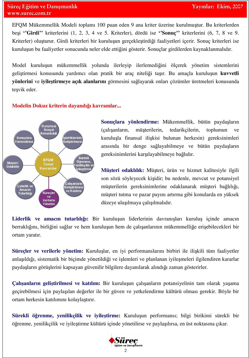 Sonuçlar girdilerden kaynaklanmalıdır. Model kuruluşun mükemmellik yolunda ilerleyip ilerlemediğini ölçerek yönetim sistemlerini geliştirmesi konusunda yardımcı olan pratik bir araç niteliği taşır.