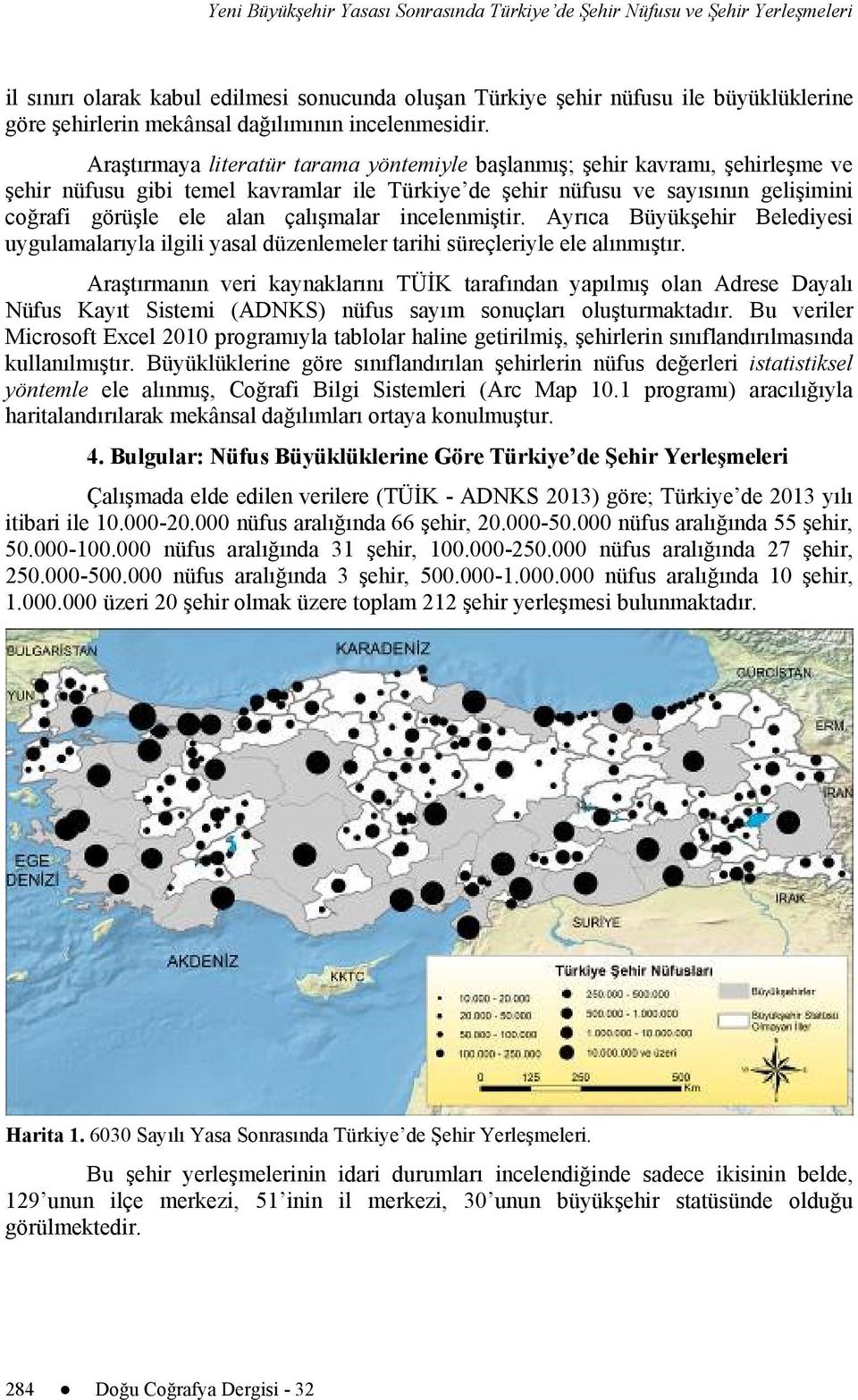 Araştırmaya literatür tarama yöntemiyle başlanmış; şehir kavramı, şehirleşme ve şehir nüfusu gibi temel kavramlar ile Türkiye de şehir nüfusu ve sayısının gelişimini coğrafi görüşle ele alan