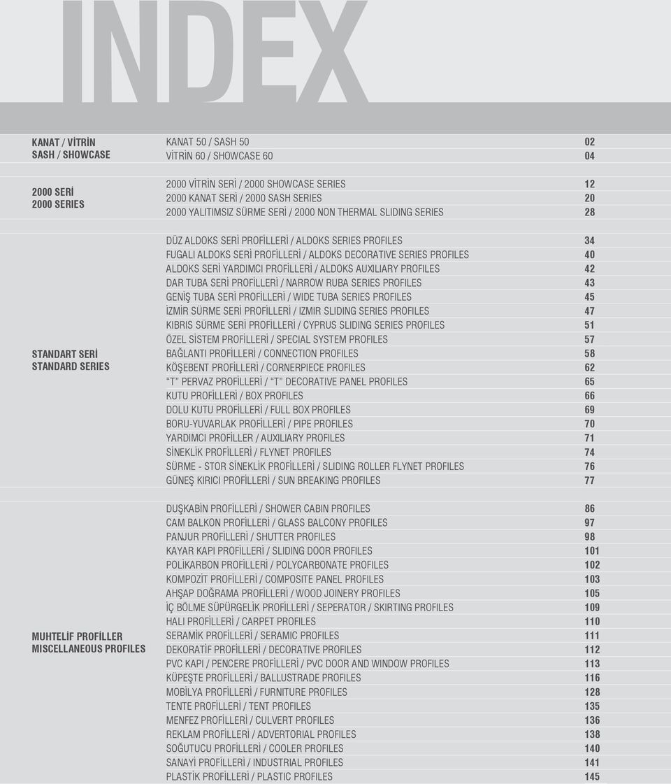 PROFILES 40 ALDOKS SERİ YARDIMCI PROFİLLERİ / ALDOKS AUXILIARY PROFILES 42 DAR TUBA SERİ PROFİLLERİ / NARROW RUBA SERIES PROFILES 43 GENİŞ TUBA SERİ PROFİLLERİ / WIDE TUBA SERIES PROFILES 45 İZMİR