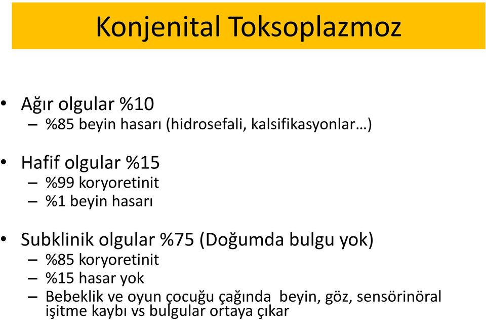 Subklinik olgular %75 (Doğumda bulgu yok) %85 koryoretinit %15 hasar yok