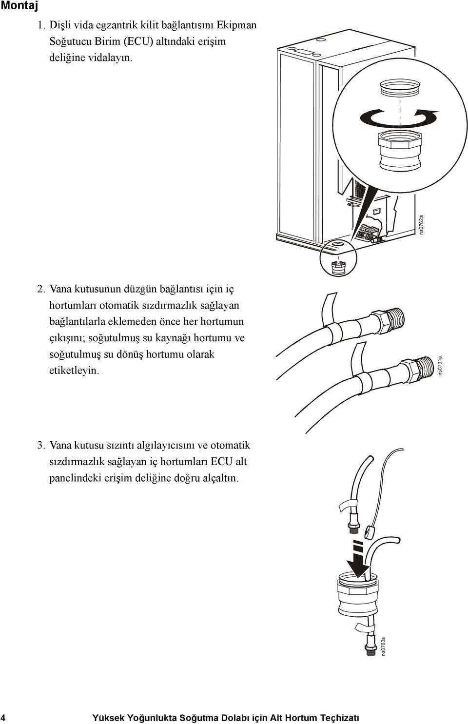 soğutulmuş su kaynağı hortumu ve soğutulmuş su dönüş hortumu olarak etiketleyin. 3.