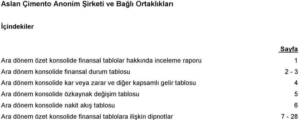 diğer kapsamlı gelir tablosu 4 Ara dönem konsolide özkaynak değişim tablosu 5 Ara dönem