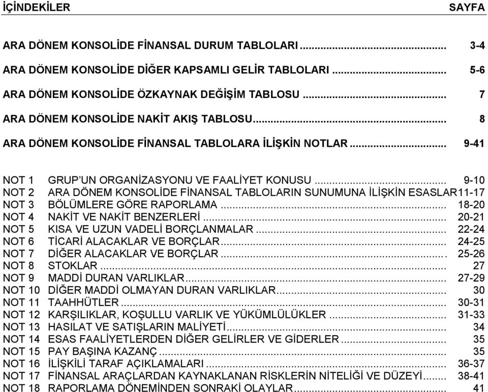 .. 9-10 NOT 2 ARA DÖNEM KONSOLİDE FİNANSAL TABLOLARIN SUNUMUNA İLİŞKİN ESASLAR 11-17 NOT 3 BÖLÜMLERE GÖRE RAPORLAMA... 18-20 NOT 4 NAKİT VE NAKİT BENZERLERİ.