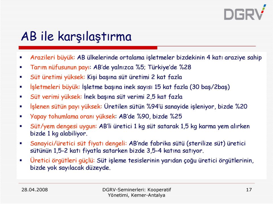 sanayide işleniyor, bizde %20 Yapay tohumlama oranı yüksek: AB de %90, bizde %25 Süt/yem dengesi uygun: AB li üretici 1 kg süt satarak 1,5 kg karma yem alırken bizde 1 kg alabiliyor.