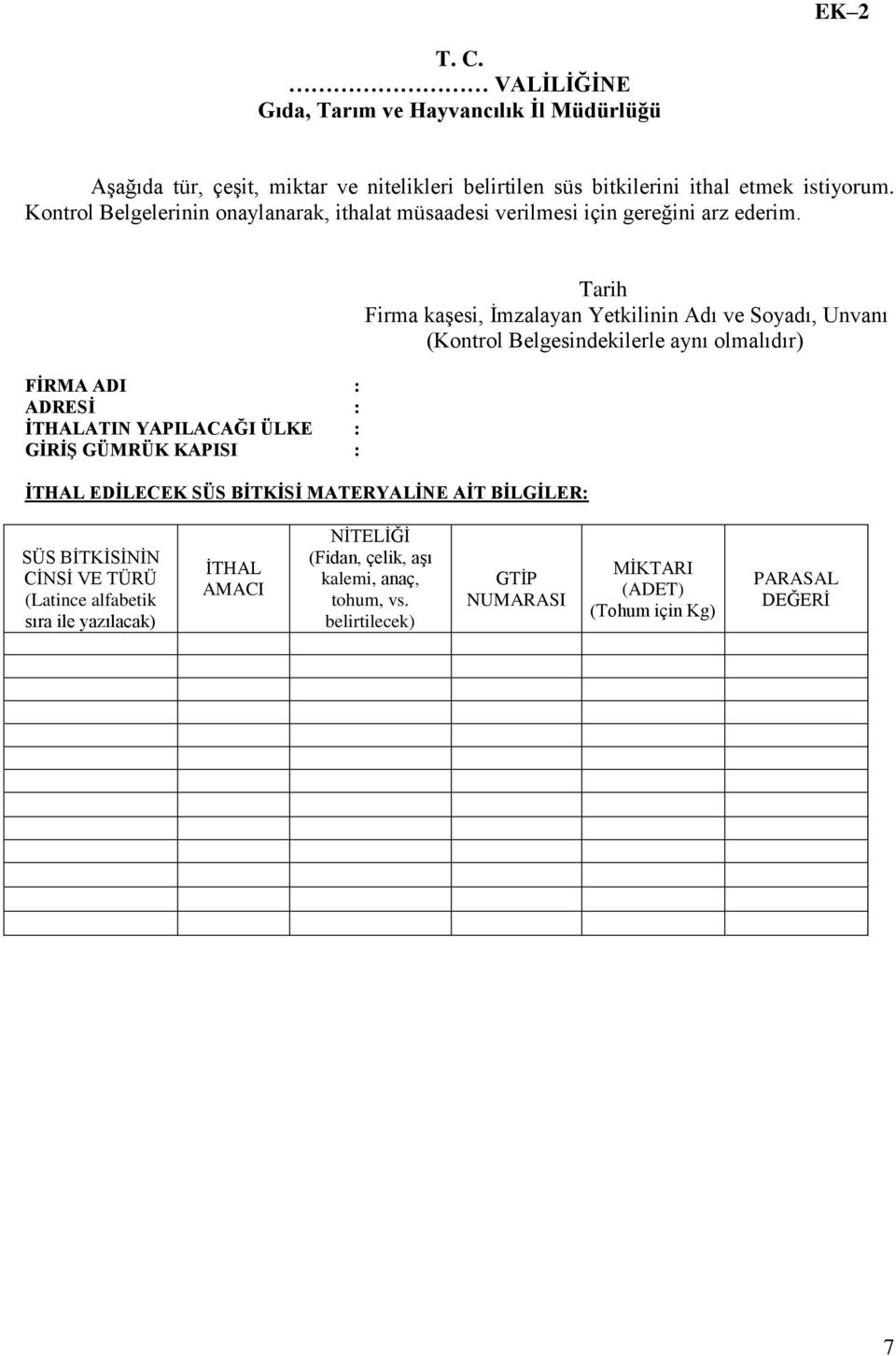 FİRMA ADI : ADRESİ : İTHALATIN YAPILACAĞI ÜLKE : GİRİŞ GÜMRÜK KAPISI : İTHAL EDİLECEK SÜS BİTKİSİ MATERYALİNE AİT BİLGİLER: Tarih Firma kaşesi, İmzalayan Yetkilinin Adı