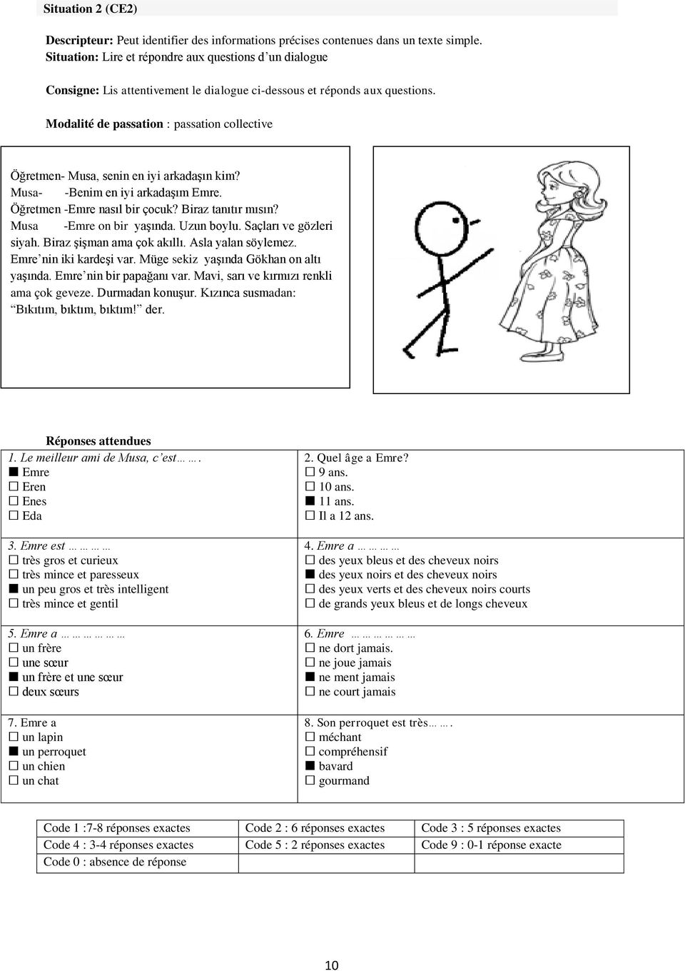 Modalité de passation : passation collective Öğretmen- Musa, senin en iyi arkadaşın kim? Musa- -Benim en iyi arkadaşım Emre. Öğretmen -Emre nasıl bir çocuk? Biraz tanıtır mısın?