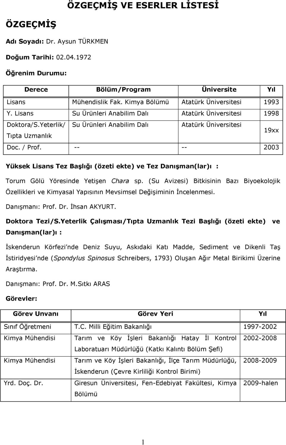 -- -- 2003 Yüksek Lisans Tez Başlığı (özeti ekte) ve Tez Danışman(lar)ı : Torum Gölü Yöresinde Yetişen Chara sp.