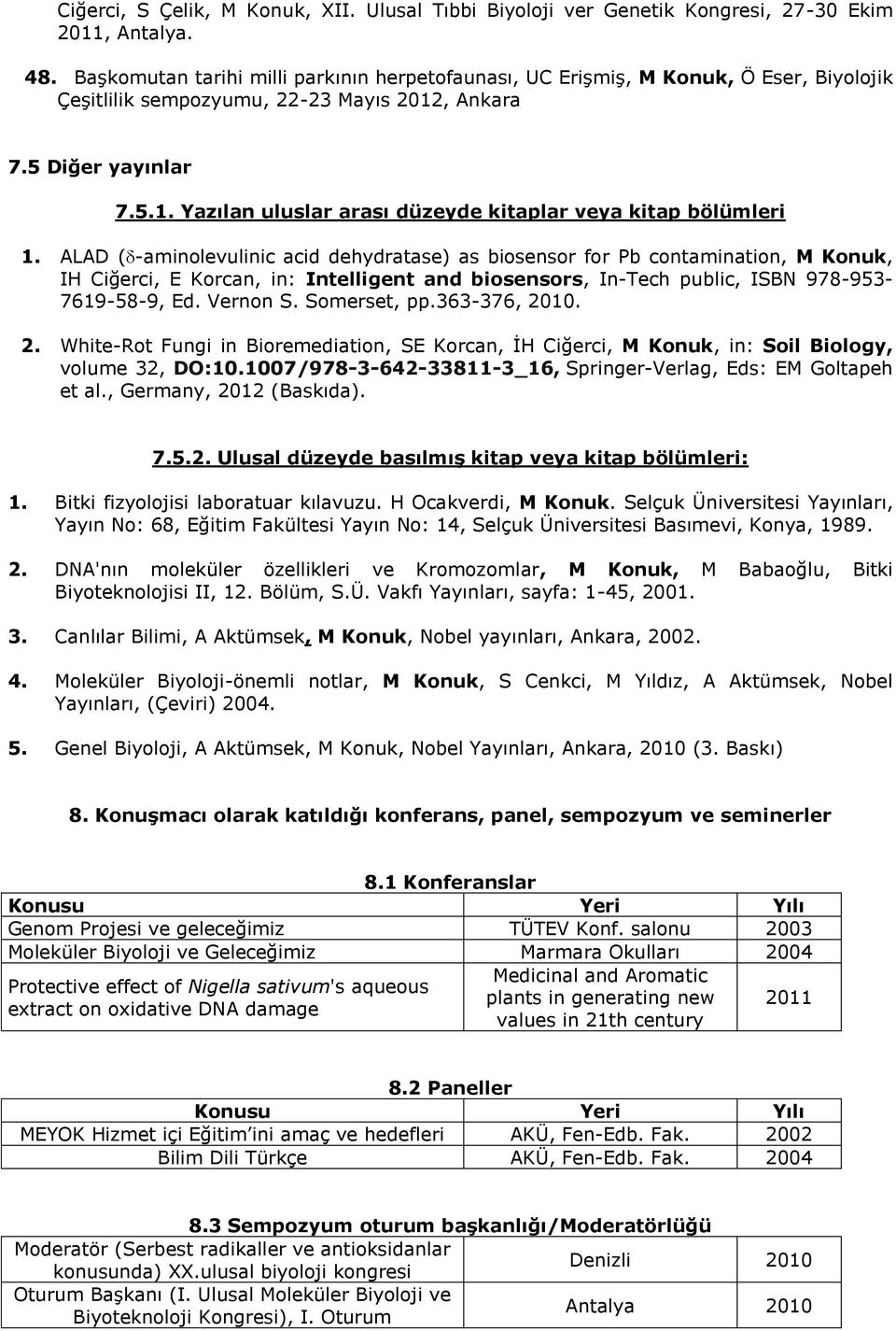 ALAD (-aminolevulinic acid dehydratase) as biosensor for Pb contamination, M Konuk, IH Ciğerci, E Korcan, in: Intelligent and biosensors, In-Tech public, ISBN 978-953- 7619-58-9, Ed. Vernon S.