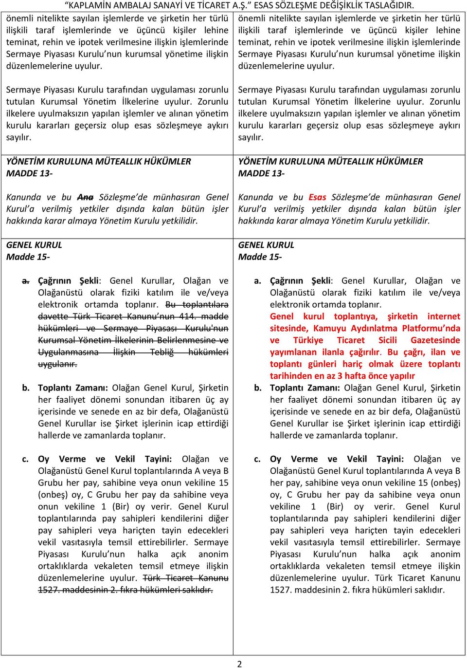 Zorunlu ilkelere uyulmaksızın yapılan işlemler ve alınan yönetim kurulu kararları geçersiz olup esas sözleşmeye aykırı sayılır.