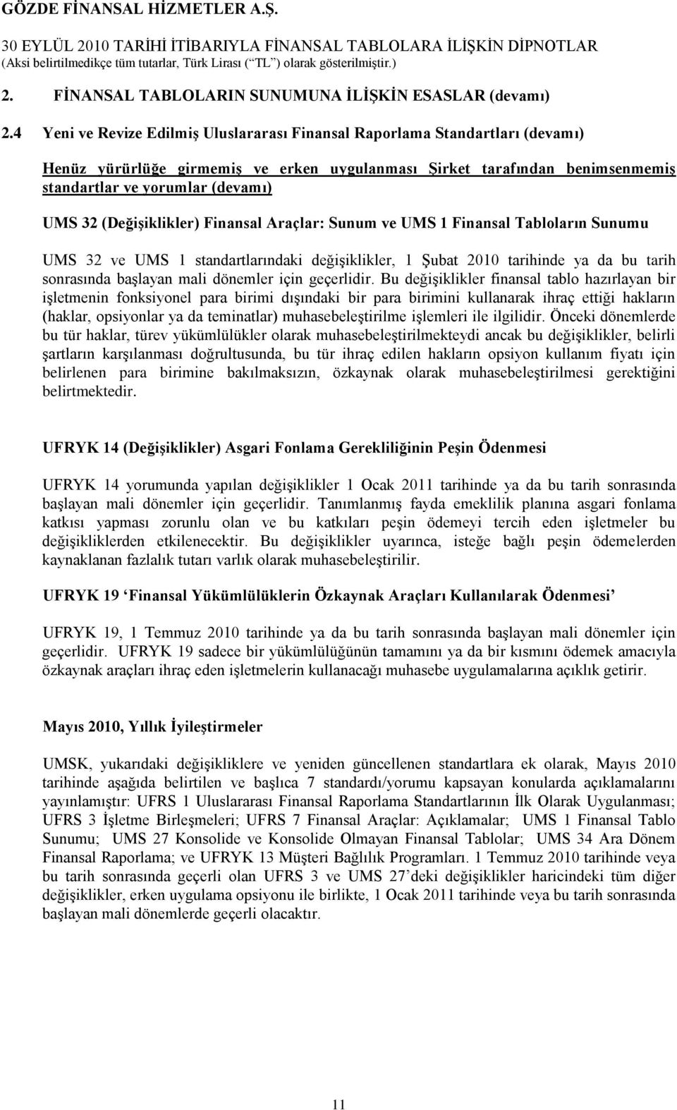 (DeğiĢiklikler) Finansal Araçlar: Sunum ve UMS 1 Finansal Tabloların Sunumu UMS 32 ve UMS 1 standartlarındaki değiģiklikler, 1 ġubat 2010 tarihinde ya da bu tarih sonrasında baģlayan mali dönemler