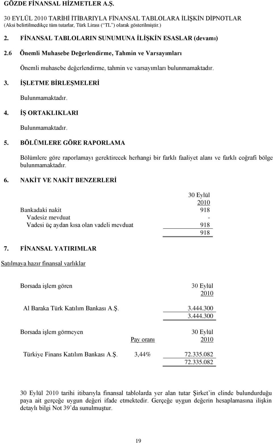 NAKĠT VE NAKĠT BENZERLERĠ 30 Eylül 2010 Bankadaki nakit 918 Vadesiz mevduat - Vadesi üç aydan kısa olan vadeli mevduat 918 918 7.