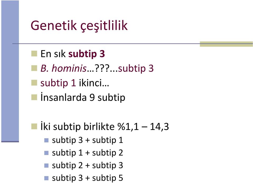 İki subtip birlikte %1,1 14,3 subtip 3 + subtip 1