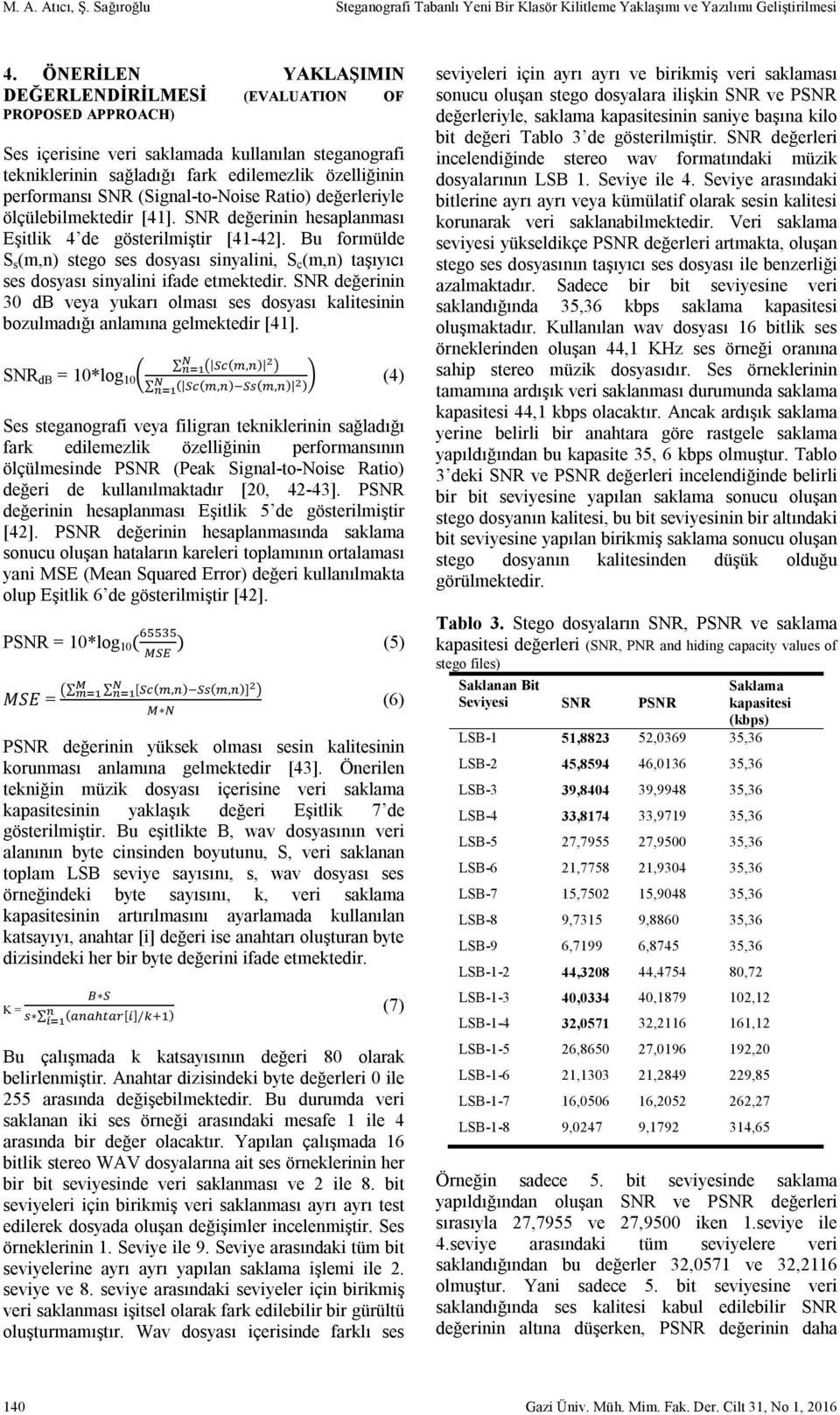 (Signal-to-Noise Ratio) değerleriyle ölçülebilmektedir [41]. SNR değerinin hesaplanması Eşitlik 4 de gösterilmiştir [41-42].