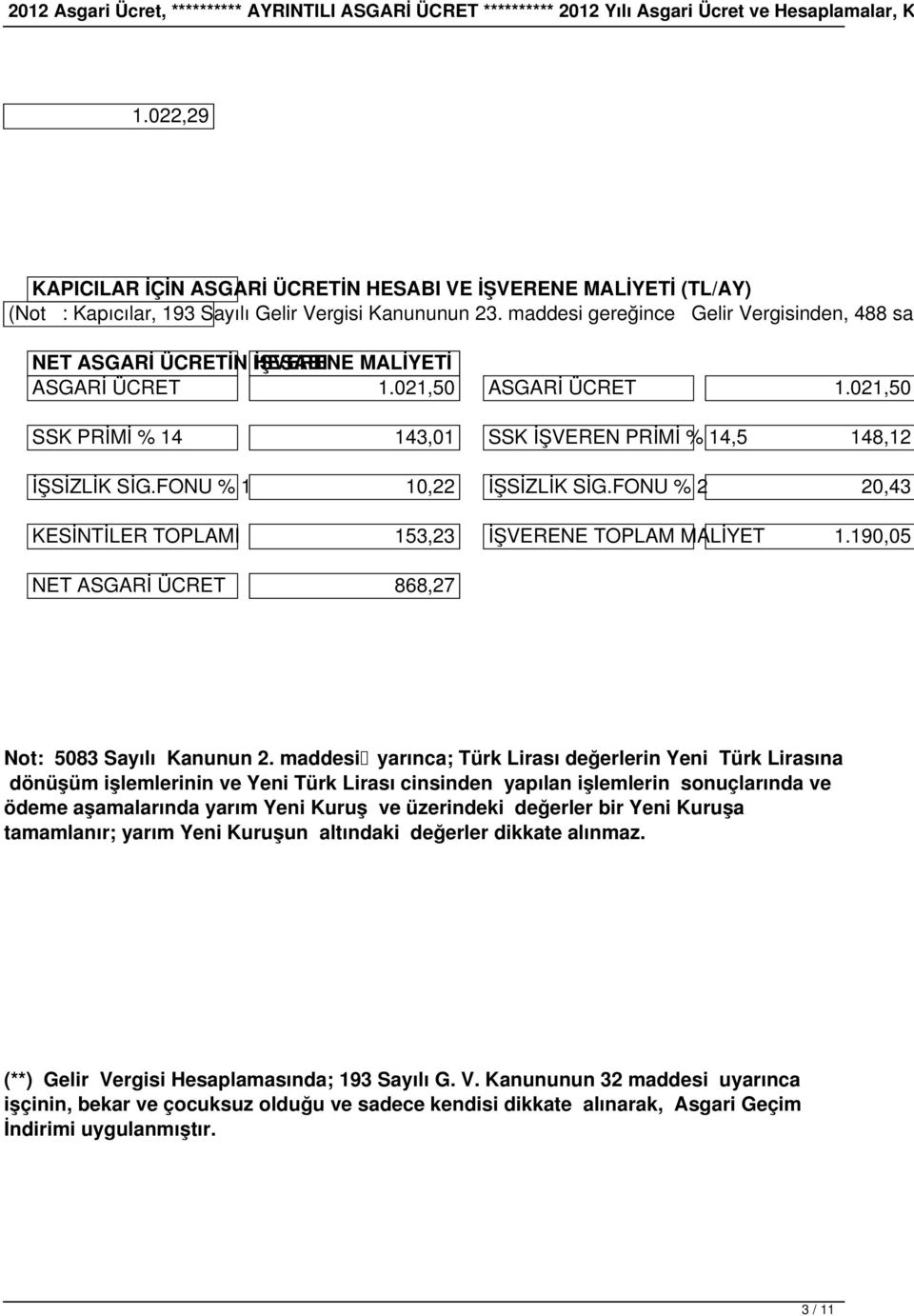 maddesi gereğince Gelir Vergisinden, 488 say NET ASGARİ ÜCRETİN HESABI İŞVERENE MALİYETİ ASGARİ ÜCRET 1.021,50 ASGARİ ÜCRET 1.021,50 SSK PRİMİ % 14 143,01 SSK İŞVEREN PRİMİ % 14,5 148,12 İŞSİZLİK SİG.