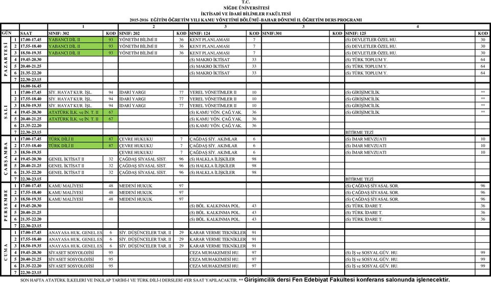 35 YABANCI DİL II 93 YÖNETİM BİLİMİ II 36 KENT PLANLAMASI 7 (S) DEVLETLER ÖZEL HU. 30 19.5-20.30 (S) MAKRO İKTİSAT 33 (S) TÜRK TOPLUM Y. 6 5 20.0-21.25 (S) MAKRO İKTİSAT 33 (S) TÜRK TOPLUM Y. 6 6 21.