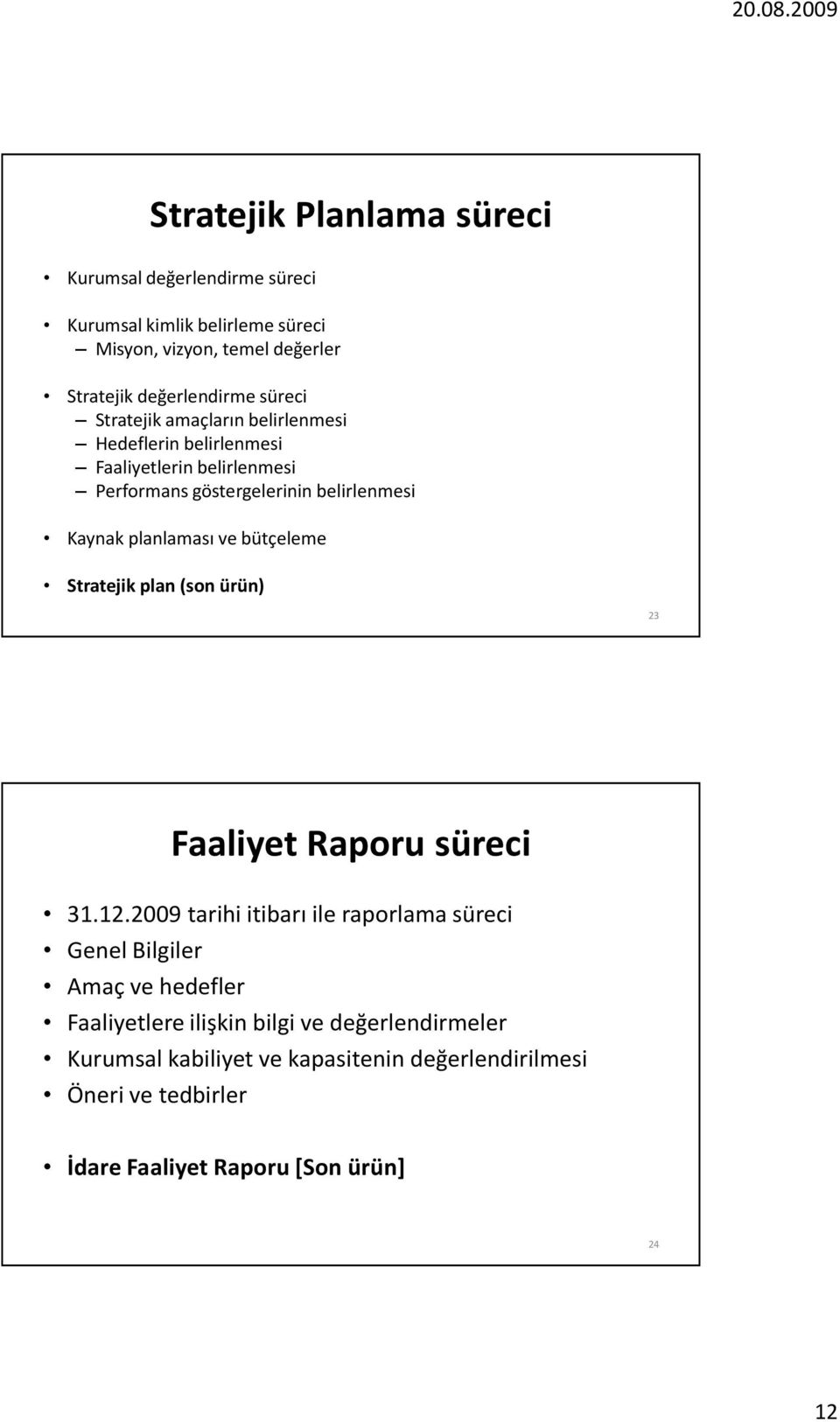 ve bütçeleme Stratejik plan (son ürün) 23 Faaliyet Raporu süreci 31.12.