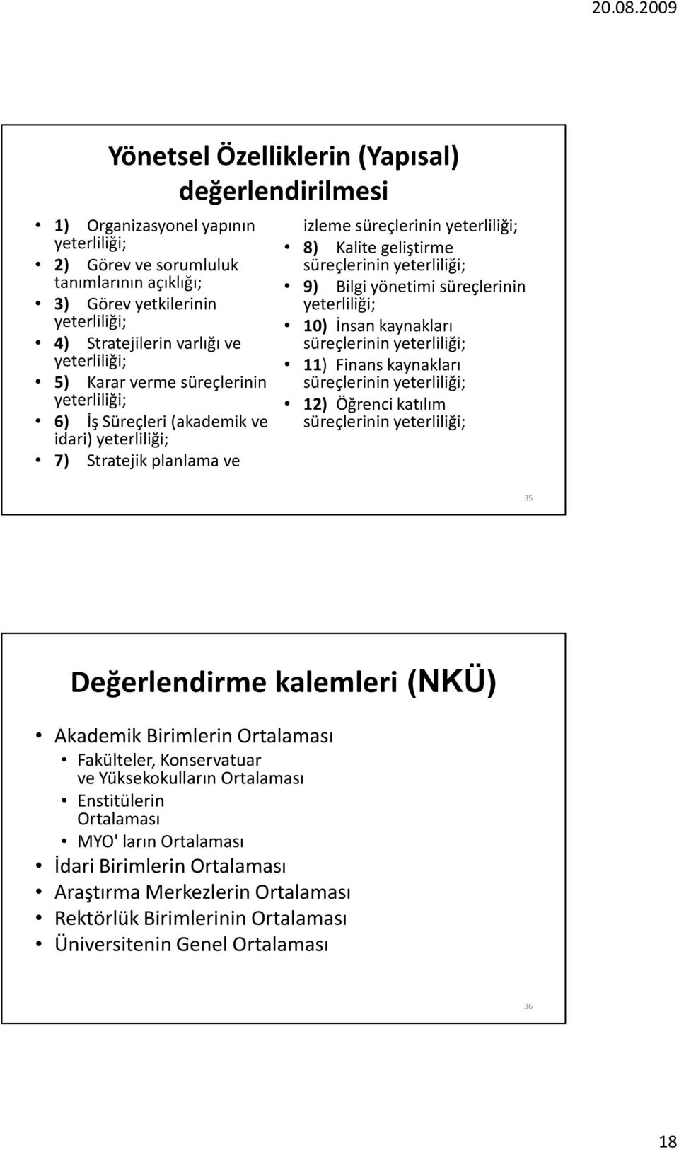 süreçlerinin 11) Finans kaynakları süreçlerinin 12) Öğrenci katılım süreçlerinin 35 Değerlendirme kalemleri (NKÜ) Akademik Birimlerin Ortalaması Fakülteler, Konservatuar ve