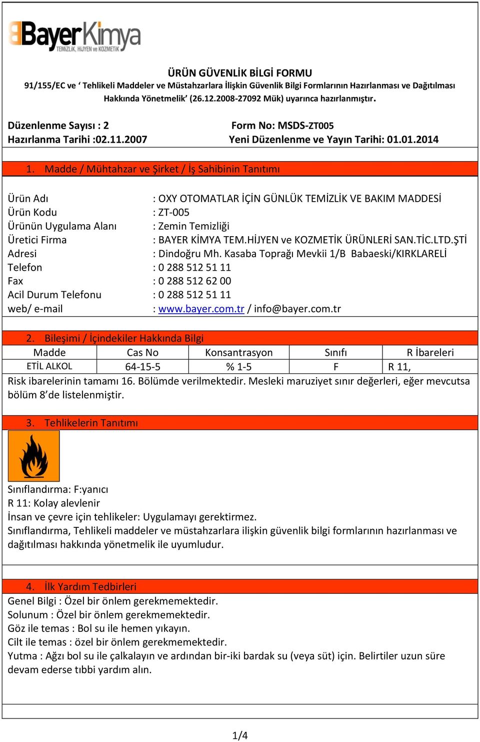 Madde / Mühtahzar ve Şirket / İş Sahibinin Tanıtımı Ürün Adı Ürün Kodu Ürünün Uygulama Alanı Üretici Firma Adresi Telefon : 0 288 512 51 11 Fax : 0 288 512 62 00 : OXY OTOMATLAR İÇİN GÜNLÜK TEMİZLİK