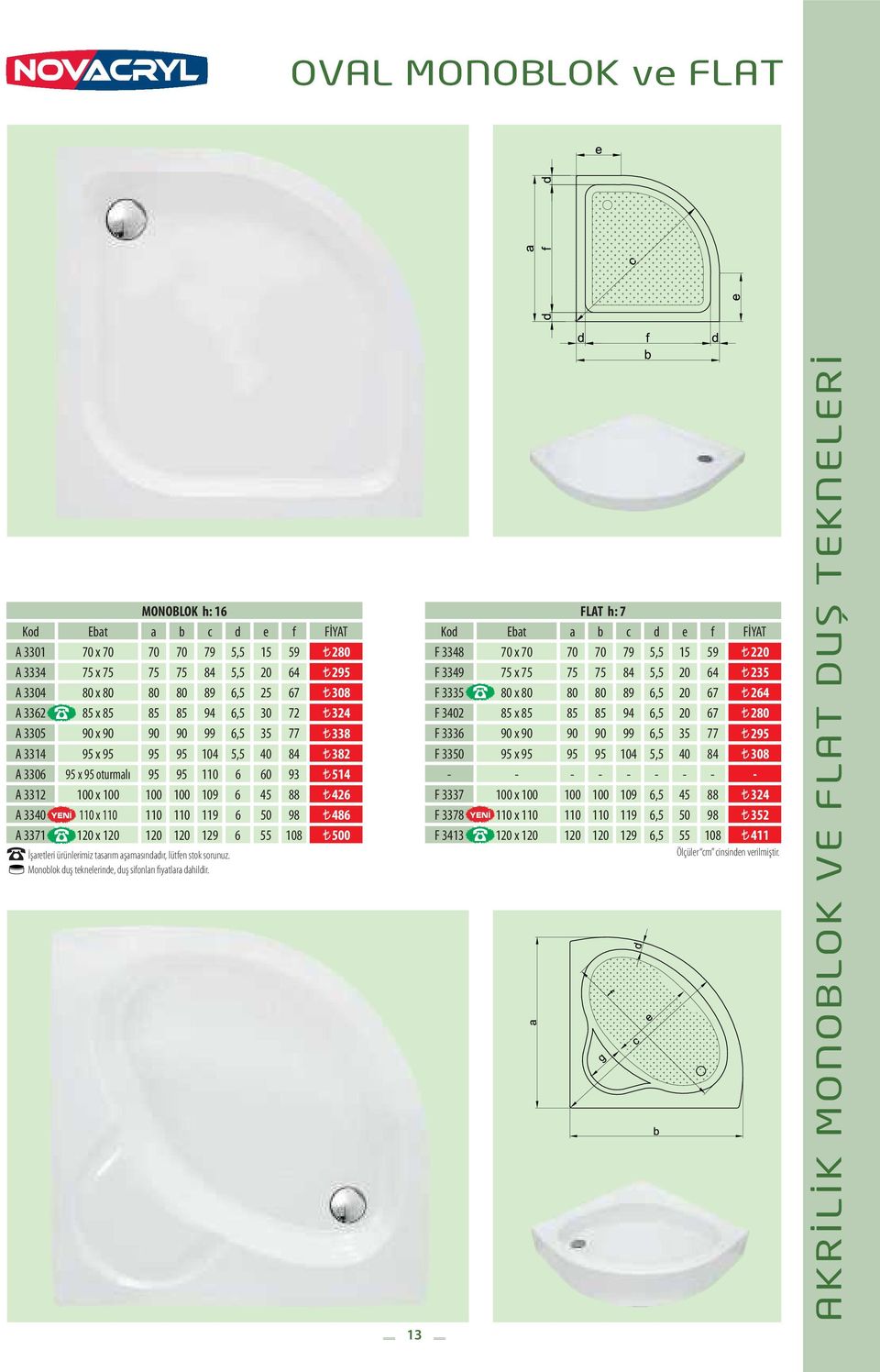 486 A 3371 120 x 120 120 120 129 6 55 108 500 İşaretleri ürünlerimiz tasarım aşamasındadır, lütfen stok sorunuz. Monoblok duş teknelerinde, duş sifonları fiyatlara dahildir.