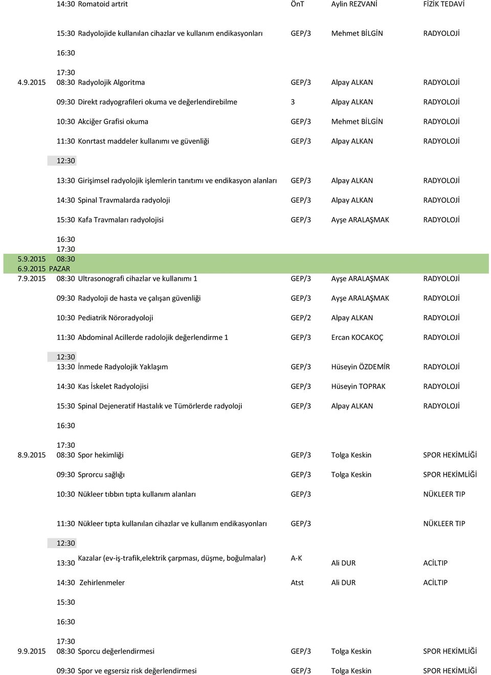 11:30 Konrtast maddeler kullanımı ve güvenliği GEP/3 Alpay ALKAN RADYOLOJİ 13:30 Girişimsel radyolojik işlemlerin tanıtımı ve endikasyon alanları GEP/3 Alpay ALKAN RADYOLOJİ Spinal Travmalarda