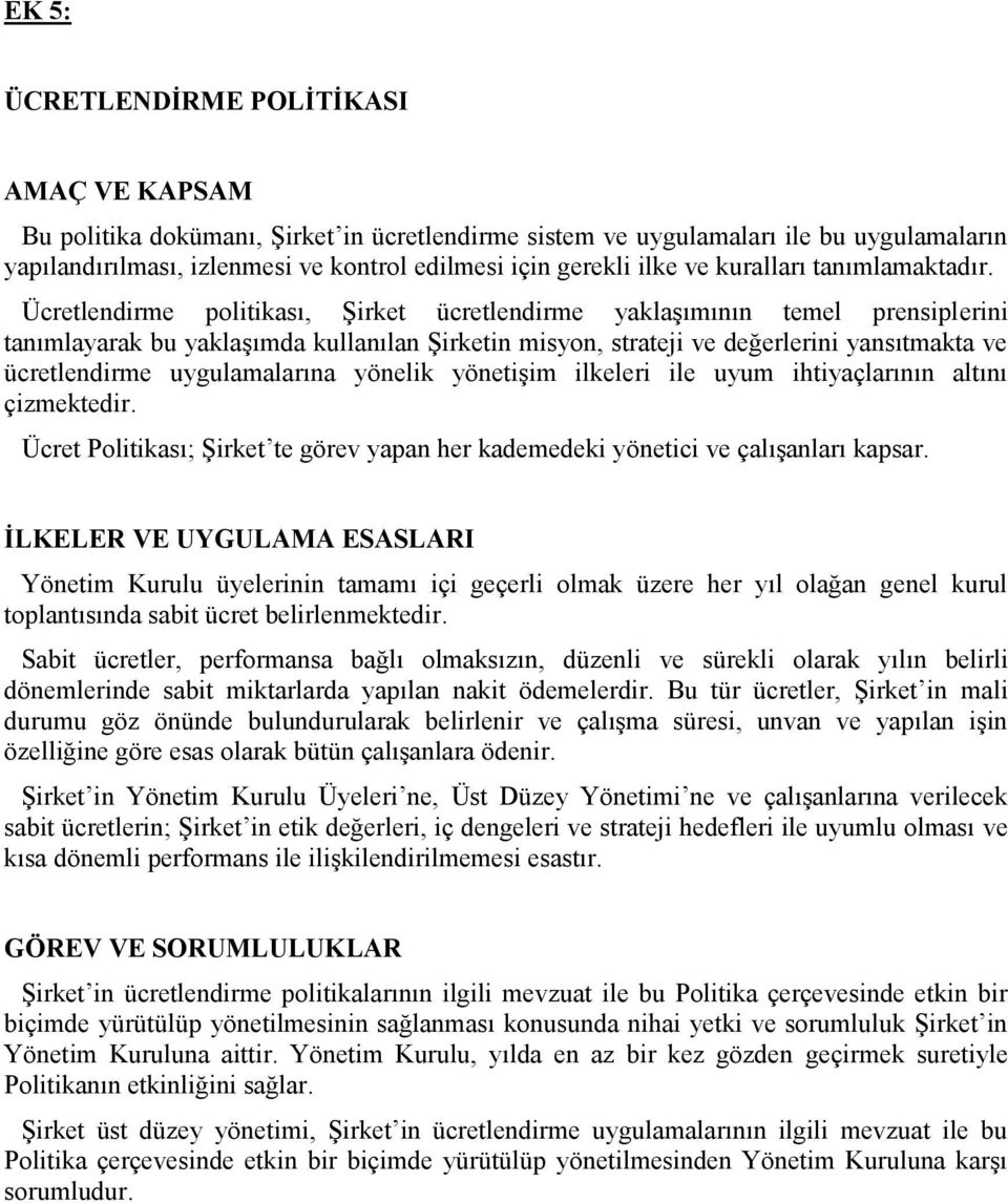 Ücretlendirme politikası, Şirket ücretlendirme yaklaşımının temel prensiplerini tanımlayarak bu yaklaşımda kullanılan Şirketin misyon, strateji ve değerlerini yansıtmakta ve ücretlendirme