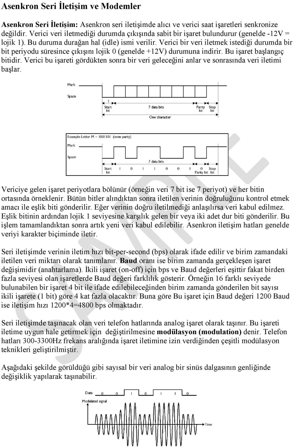 Verici bir veri iletmek istediği durumda bir bit periyodu süresince çıkışını lojik 0 (genelde +12V) durumuna indirir. Bu işaret başlangıç bitidir.