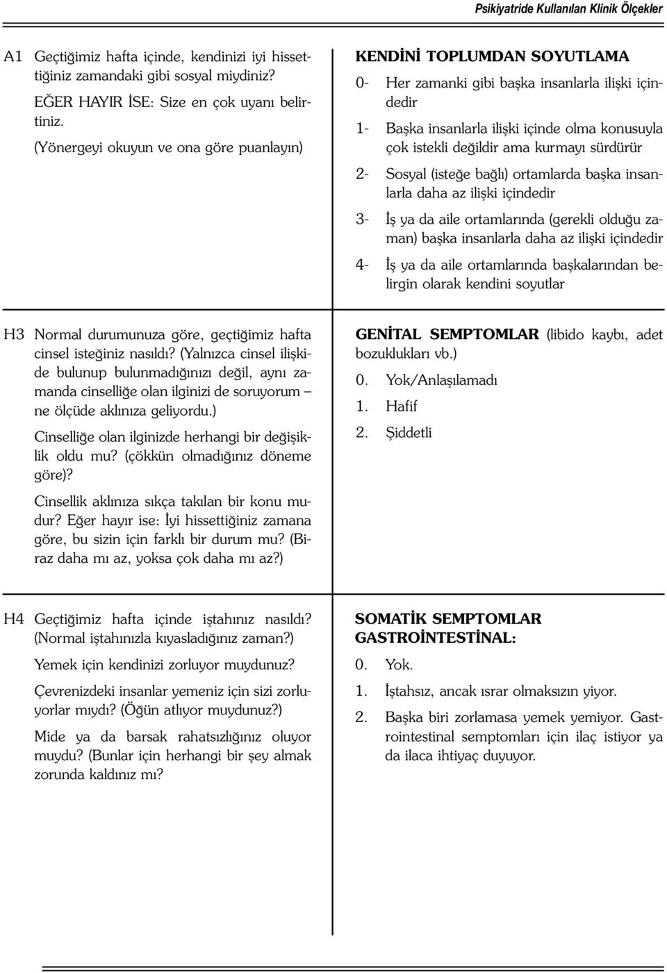 kurmayı sürdürür 2- Sosyal (isteğe bağlı) ortamlarda başka insanlarla daha az ilişki içindedir 3- İş ya da aile ortamlarında (gerekli olduğu zaman) başka insanlarla daha az ilişki içindedir 4- İş ya