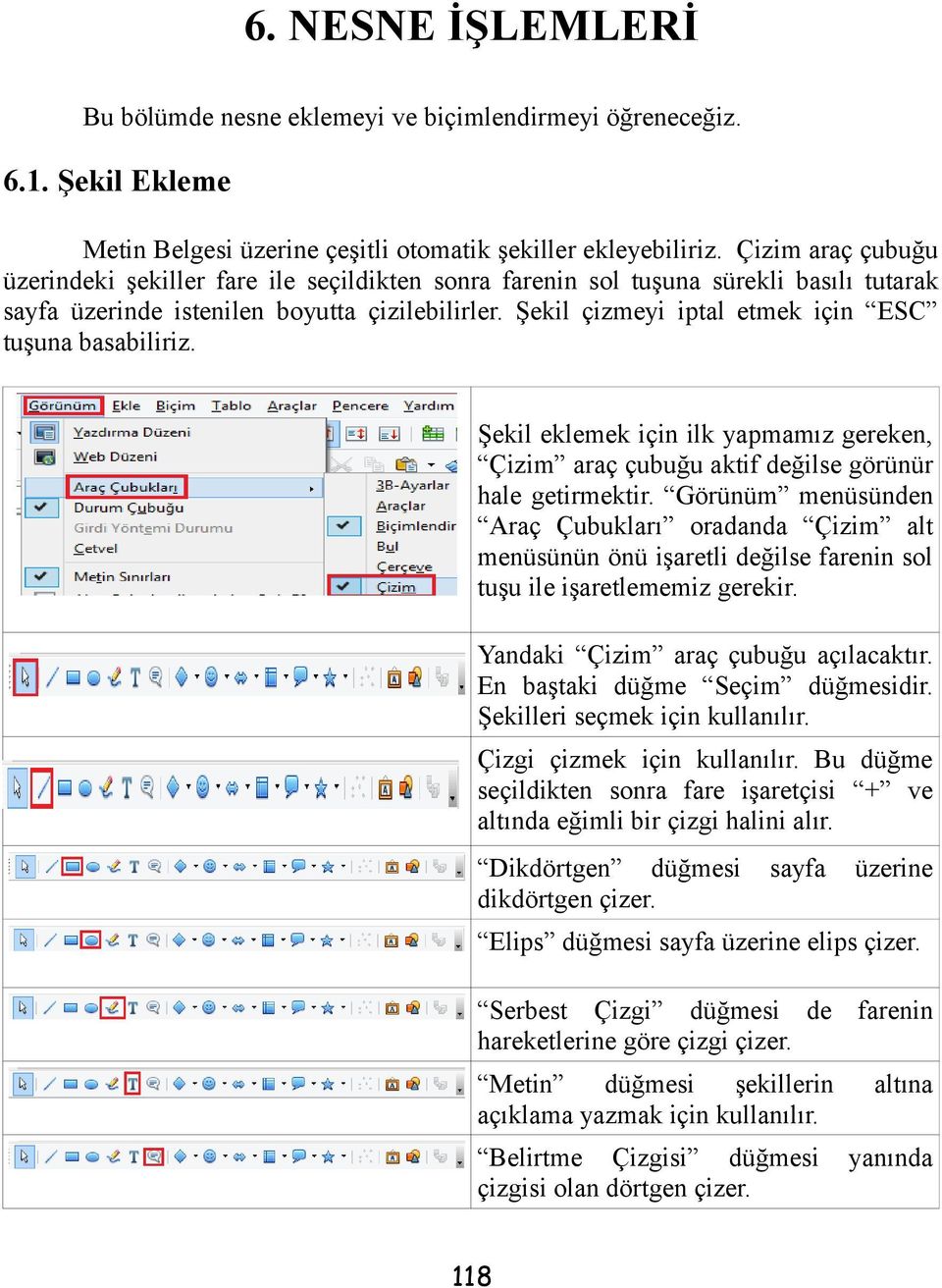 Şekil çizmeyi iptal etmek için ESC tuşuna basabiliriz. Şekil eklemek için ilk yapmamız gereken, Çizim araç çubuğu aktif değilse görünür hale getirmektir.