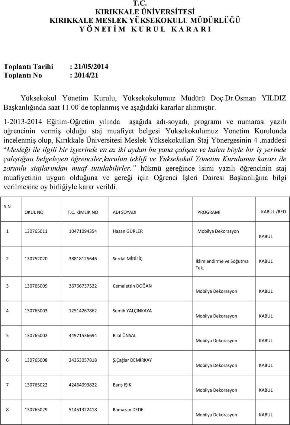 1-2013-2014 Eğitim-Öğretim yılında aşağıda adı-soyadı, programı ve numarası yazılı öğrencinin vermiş olduğu staj muafiyet belgesi Yüksekokulumuz Yönetim Kurulunda incelenmiş olup, Kırıkkale