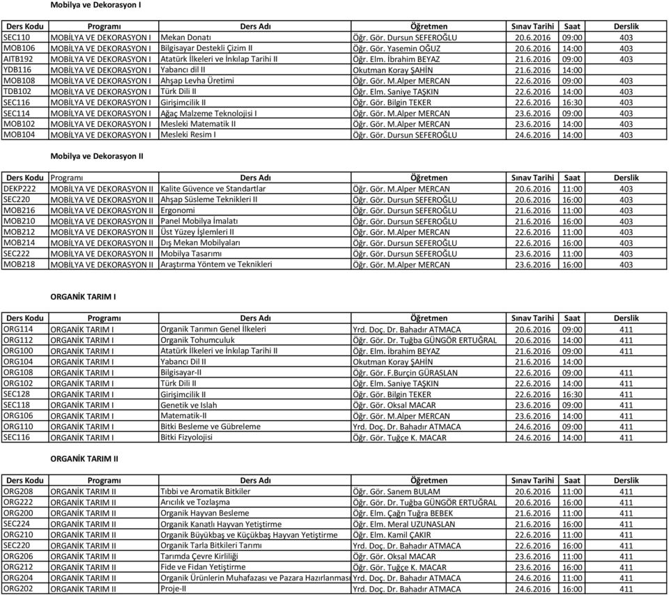 6.2016 14:00 MOB108 MOBİLYA VE DEKORASYON I Ahşap Levha Üretimi Öğr. Gör. M.Alper MERCAN 22.6.2016 09:00 403 TDB102 MOBİLYA VE DEKORASYON I Türk Dili II Öğr. Elm. Saniye TAŞKIN 22.6.2016 14:00 403 SEC116 MOBİLYA VE DEKORASYON I Girişimcilik II Öğr.