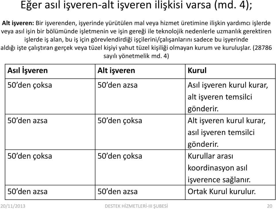 gerektiren işlerde iş alan, bu iş için görevlendirdiği işçilerini/çalışanlarını sadece bu işyerinde aldığı işte çalıştıran gerçek veya tüzel kişiyi yahut tüzel kişiliği olmayan kurum ve kuruluşlar.