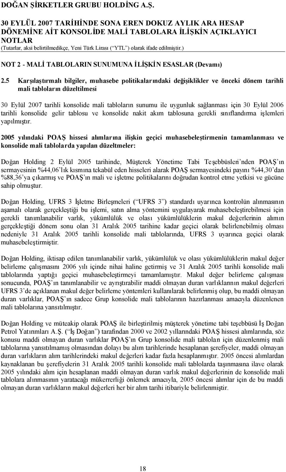 sağlanmasıiçin 30 Eylül 2006 tarihli konsolide gelir tablosu ve konsolide nakit akım tablosuna gerekli sınıflandırma işlemleri yapılmıştır.