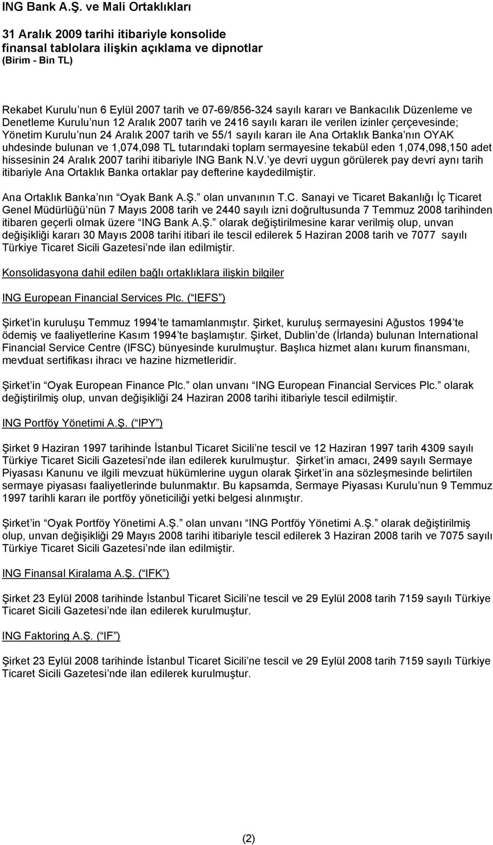 sermayesine tekabül eden 1,074,098,150 adet hissesinin 24 Aralık 2007 tarihi itibariyle ING Bank N.V.