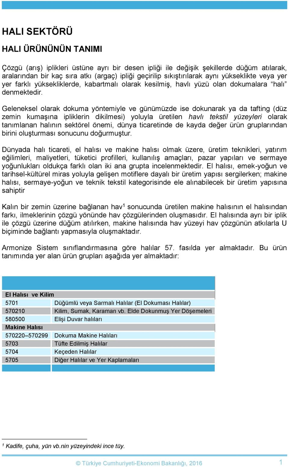 Geleneksel olarak dokuma yöntemiyle ve günümüzde ise dokunarak ya da tafting (düz zemin kumaşına ipliklerin dikilmesi) yoluyla üretilen havlı tekstil yüzeyleri olarak tanımlanan halının sektörel