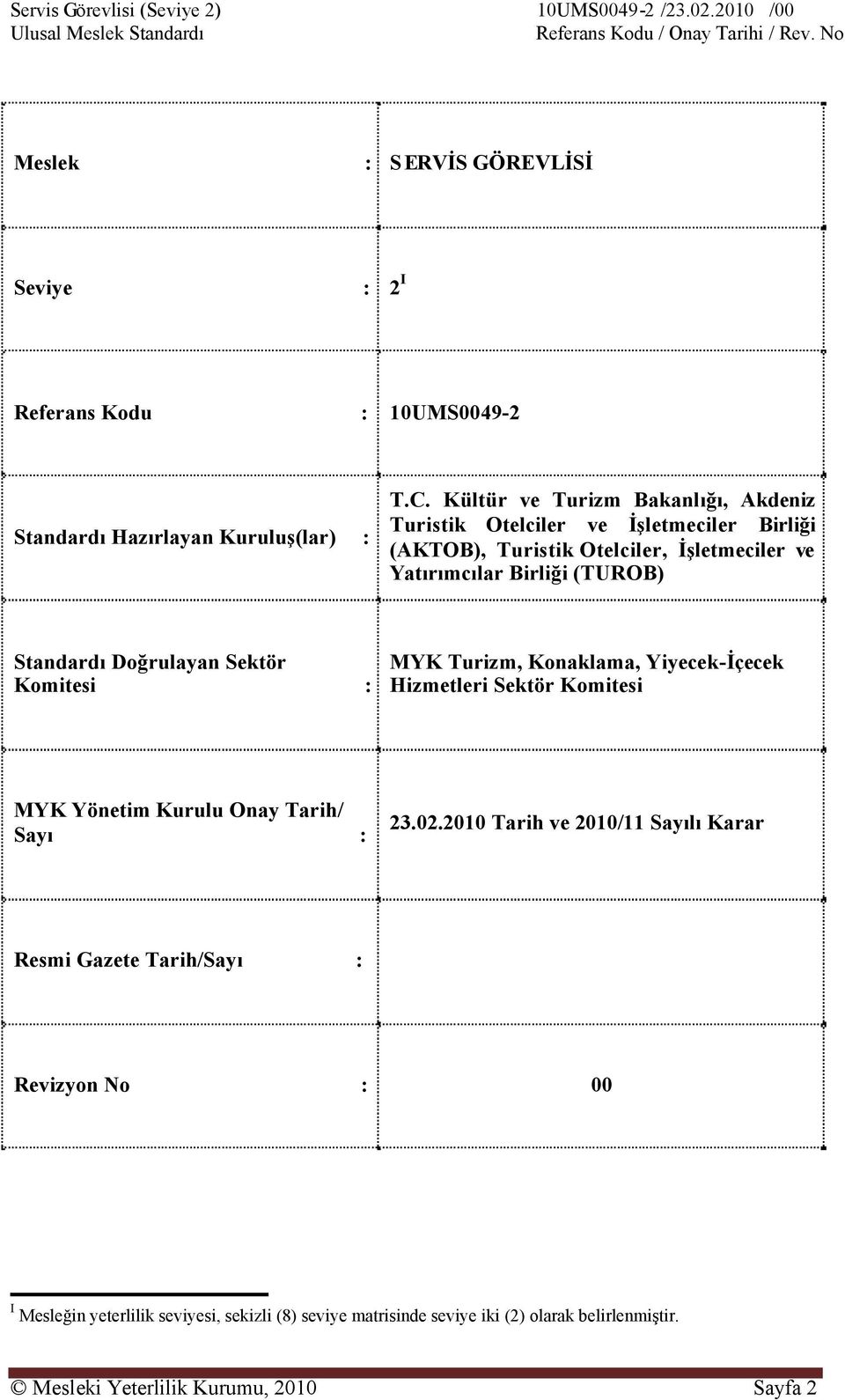 Doğrulayan Sektör Komitesi : MYK Turizm, Konaklama, Yiyecek-İçecek Hizmetleri Sektör Komitesi MYK Yönetim Kurulu Onay Tarih/ Sayı : 23.02.