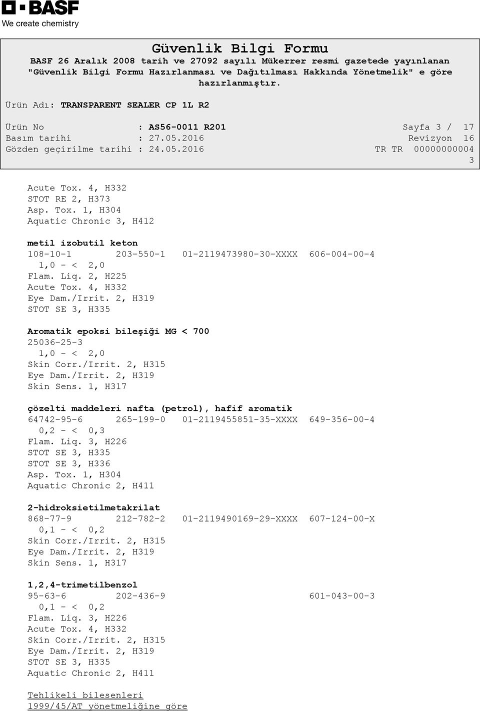 1, H317 çözelti maddeleri nafta (petrol), hafif aromatik 64742-95-6 265-199-0 01-2119455851-35-XXXX 649-356-00-4 0,2 - < 0,3 Flam. Liq. 3, H226 STOT SE 3, H335 STOT SE 3, H336 Asp. Tox.