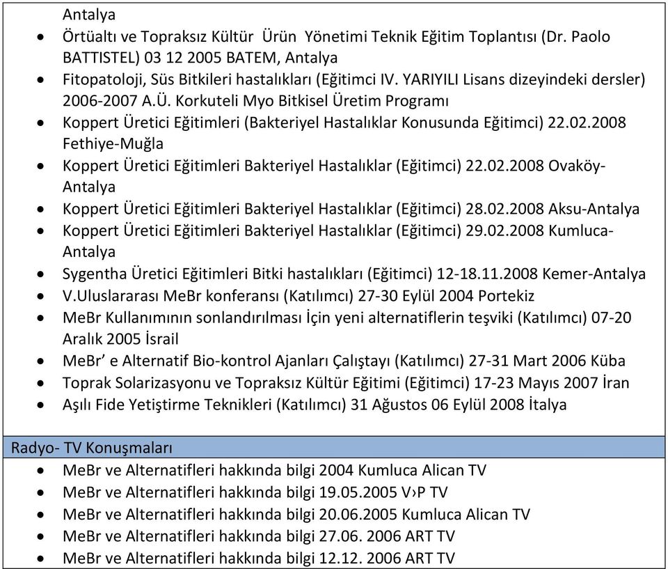 2008 Fethiye-Muğla Koppert Üretici Eğitimleri Bakteriyel Hastalıklar (Eğitimci) 22.02.2008 Ovaköy- Koppert Üretici Eğitimleri Bakteriyel Hastalıklar (Eğitimci) 28.02.2008 Aksu- Koppert Üretici Eğitimleri Bakteriyel Hastalıklar (Eğitimci) 29.