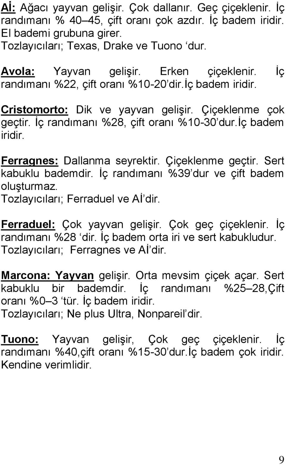 iç badem iridir. Ferragnes: Dallanma seyrektir. Çiçeklenme geçtir. Sert kabuklu bademdir. İç randımanı %39 dur ve çift badem oluşturmaz. Tozlayıcıları; Ferraduel ve Aİ dir.