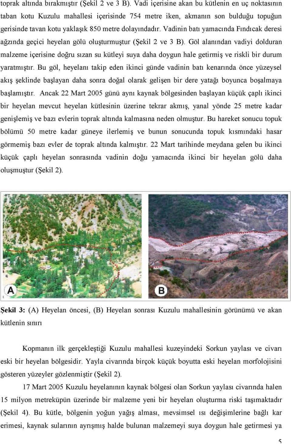 Vadinin batı yamacında Fındıcak deresi ağzında geçici heyelan gölü oluşturmuştur (Şekil 2 ve 3 B).