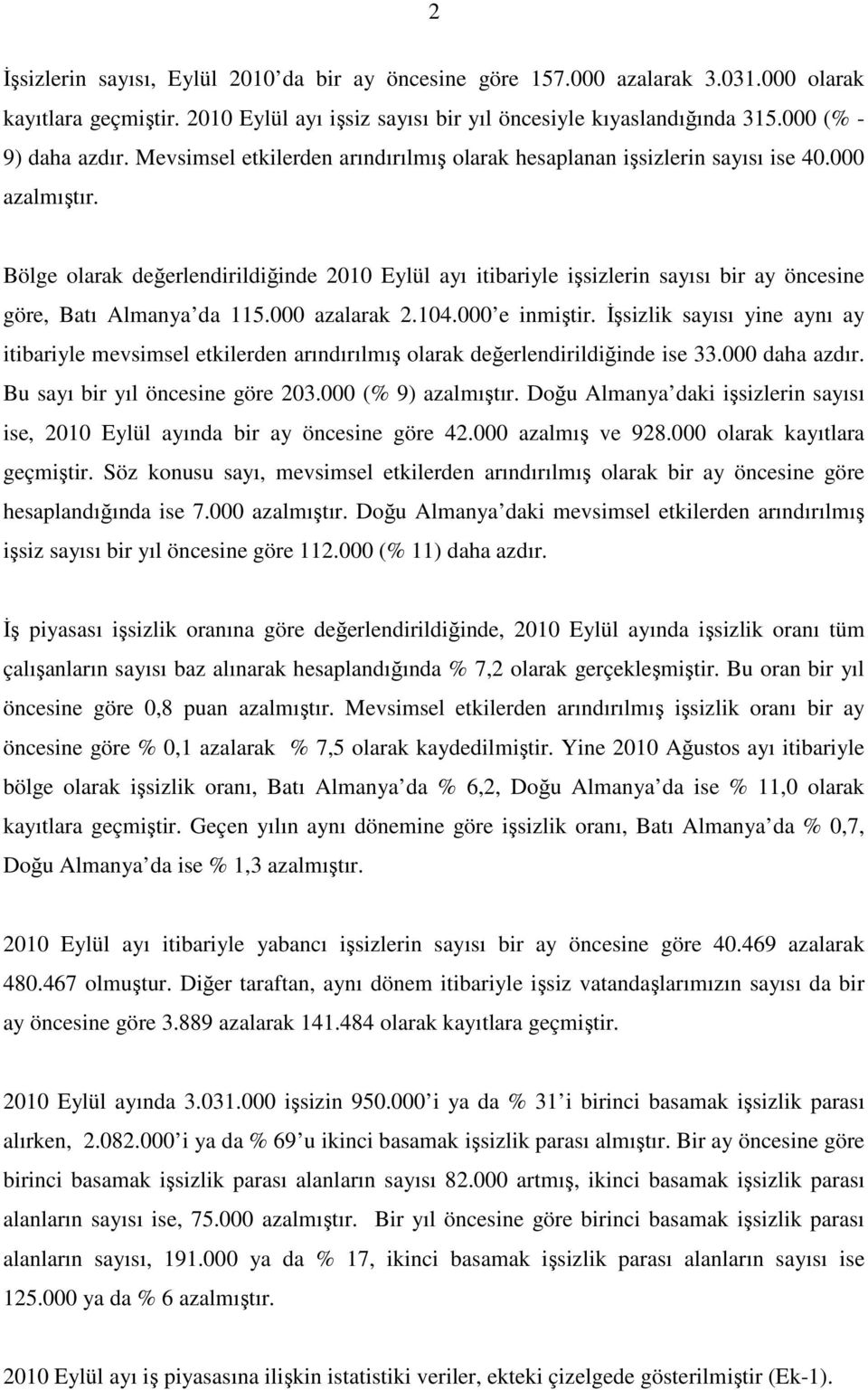 Bölge olarak değerlendirildiğinde 2010 Eylül ayı itibariyle işsizlerin sayısı bir ay öncesine göre, Batı Almanya da 115.000 azalarak 2.104.000 e inmiştir.