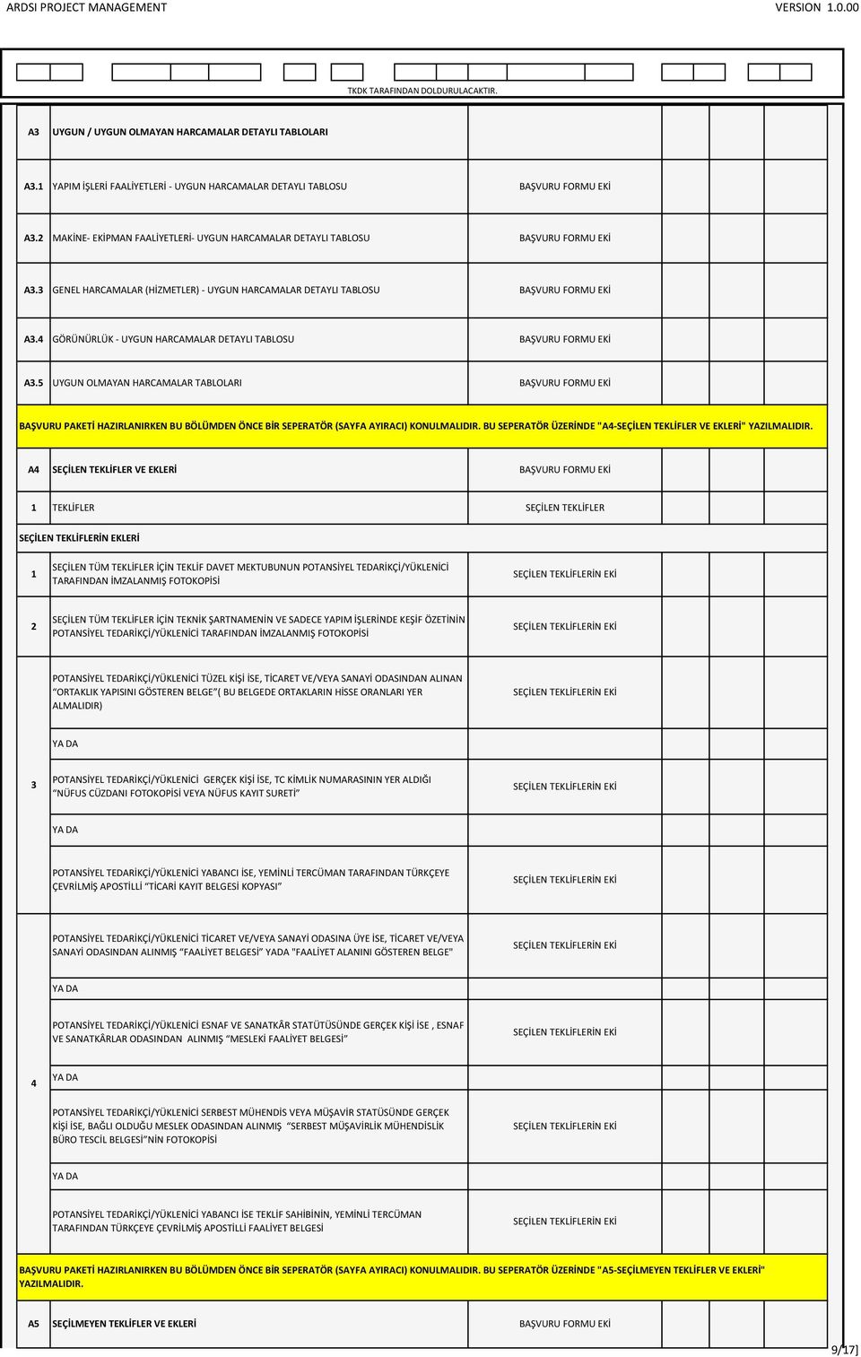 5 UGUN OLMAAN HARCAMALAR TABLOLARI BAŞVURU PAKETİ HAZIRLANIRKEN BU BÖLÜMDEN ÖNCE BİR SEPERATÖR (SAFA AIRACI) KONULMALIDIR. BU SEPERATÖR ÜZERİNDE "A4-SEÇİLEN TEKLİFLER VE EKLERİ" AZILMALIDIR.
