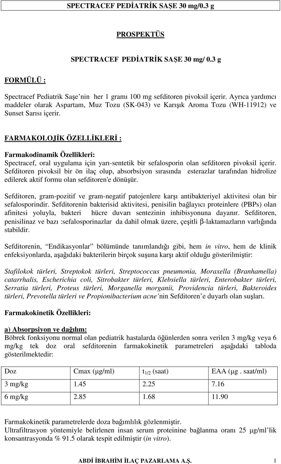 FARMAKOLOJİK ÖZELLİKLERİ : Farmakodinamik Özellikleri: Spectracef, oral uygulama için yarı-sentetik bir sefalosporin olan sefditoren pivoksil içerir.