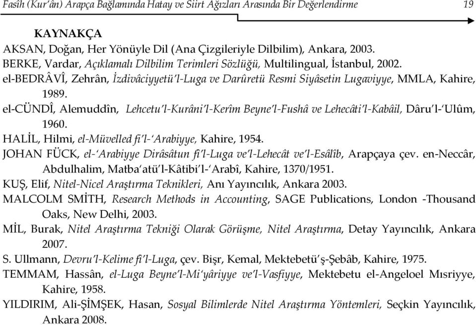 el-cündî, Alemuddîn, Lehcetu l-kurâni l-kerîm Beyne l-fushâ ve Lehecâti l-kabâil, Dâru l- Ulûm, 1960. HALİL, Hilmi, el-müvelled fi l- Arabiyye, Kahire, 1954.