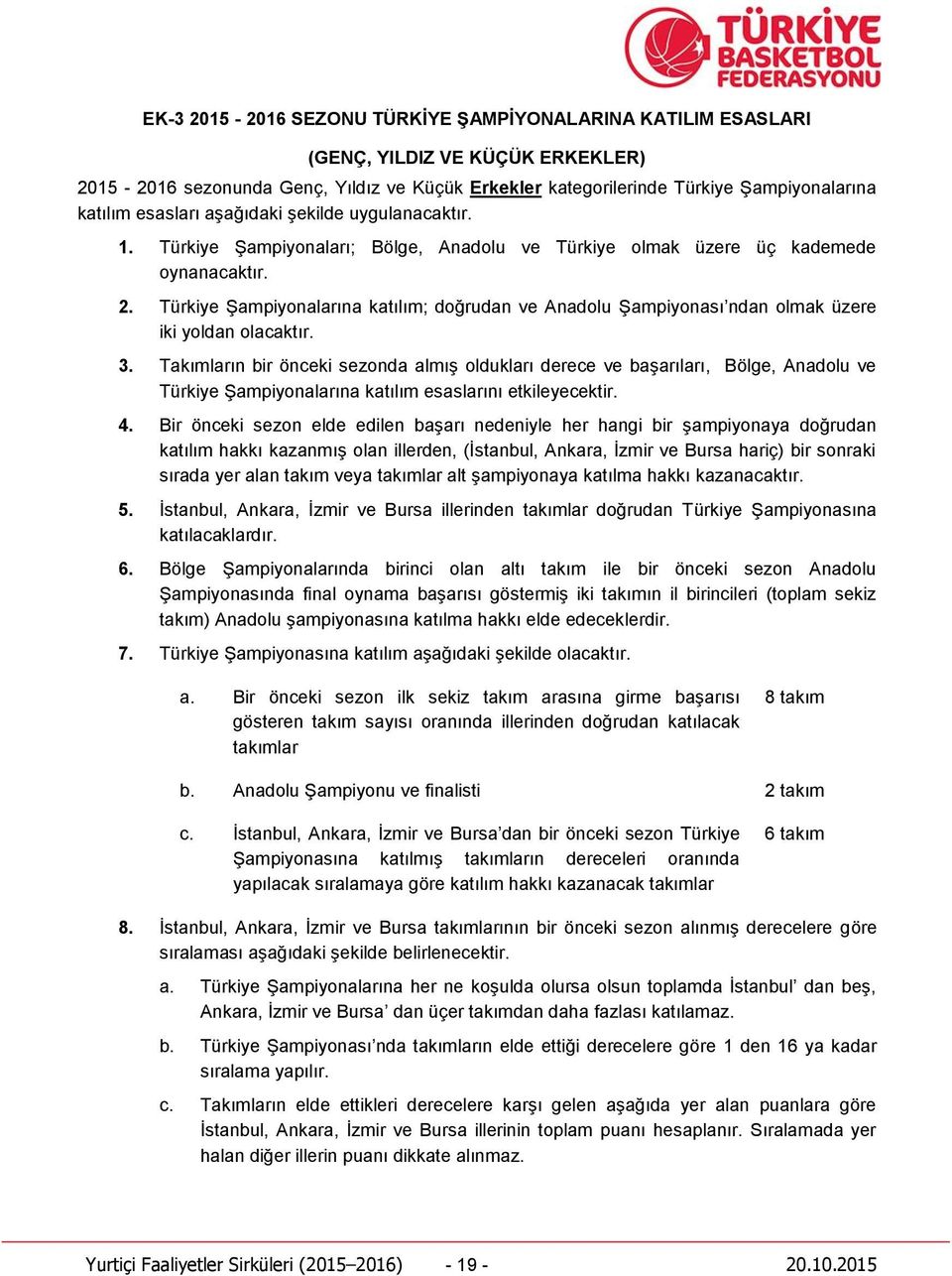 Türkiye Şampiyonalarına katılım; doğrudan ve Anadolu Şampiyonası ndan olmak üzere iki yoldan olacaktır. 3.