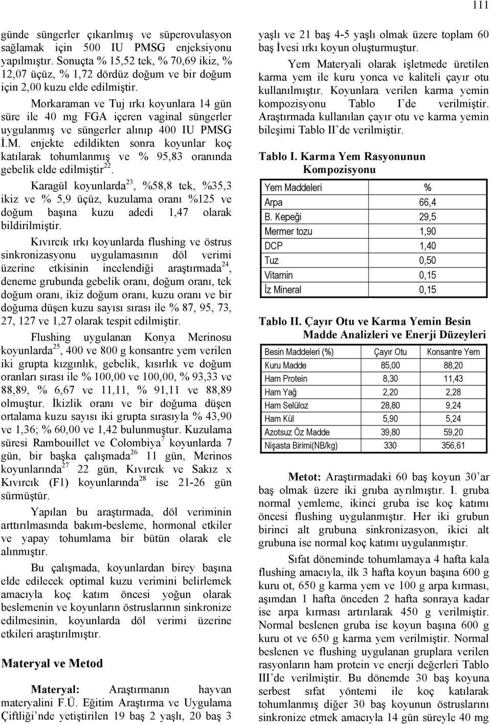 Morkaraman ve Tuj ırkı koyunlara 14 gün süre ile 40 mg FGA içeren vaginal süngerler uygulanmış ve süngerler alınıp 400 IU PMSG İ.M. enjekte edildikten sonra koyunlar koç katılarak tohumlanmış ve % 95,83 oranında gebelik elde edilmiştir 22.