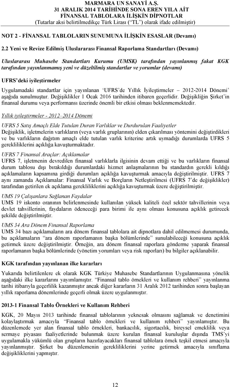 düzeltilmiş standartlar ve yorumlar (devamı) UFRS deki iyileştirmeler Uygulamadaki standartlar için yayınlanan UFRS de Yıllık İyileştirmeler 2012-2014 Dönemi aşağıda sunulmuştur.