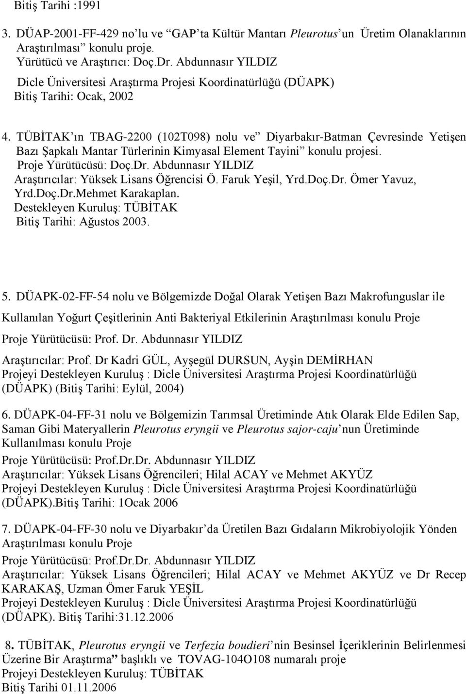 TÜBİTAK ın TBAG-2200 (102T098) nolu ve Diyarbakır-Batman Çevresinde Yetişen Bazı Şapkalı Mantar Türlerinin Kimyasal Element Tayini konulu projesi. Proje Yürütücüsü: Doç.Dr.