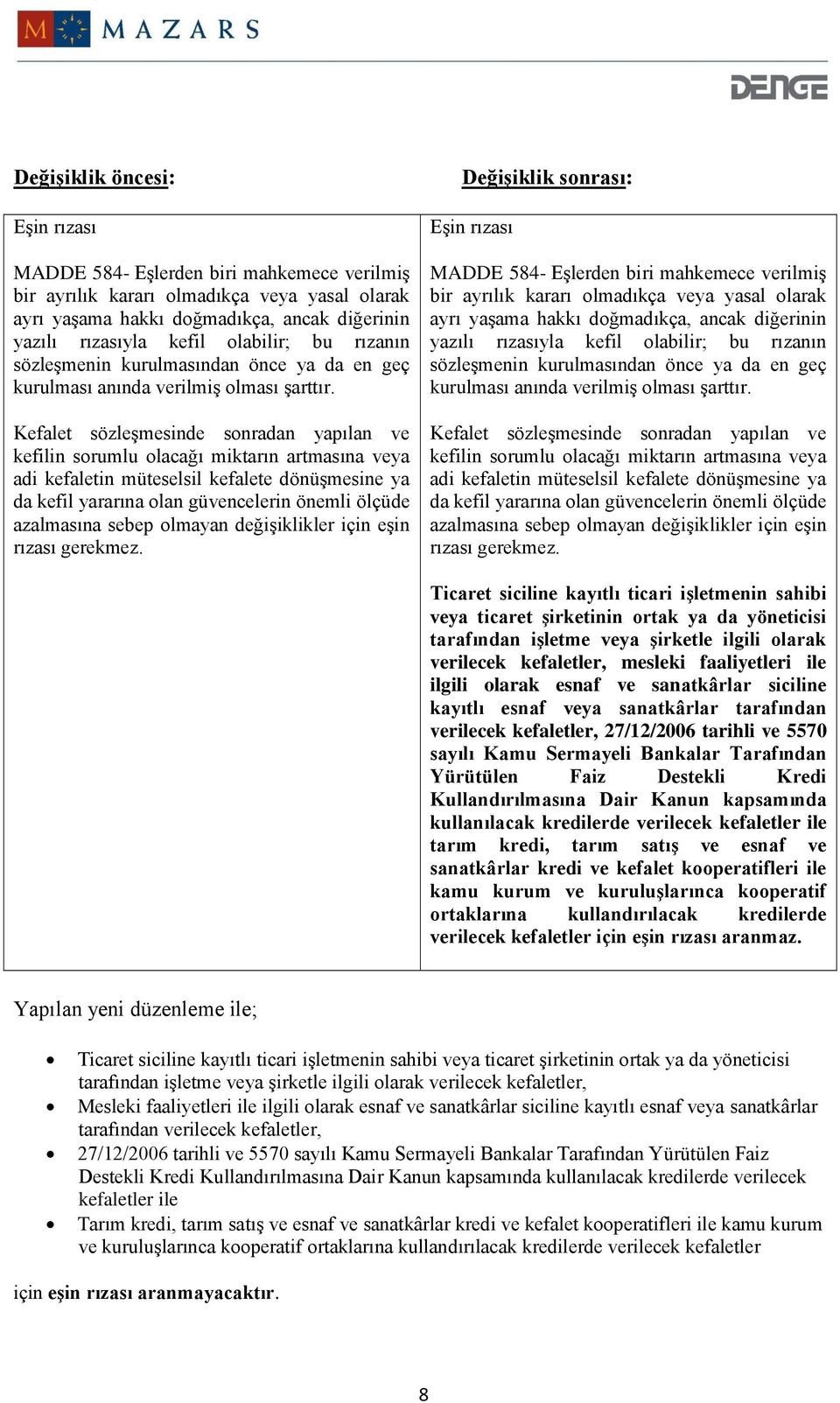 Kefalet sözleşmesinde sonradan yapılan ve kefilin sorumlu olacağı miktarın artmasına veya adi kefaletin müteselsil kefalete dönüşmesine ya da kefil yararına olan güvencelerin önemli ölçüde azalmasına