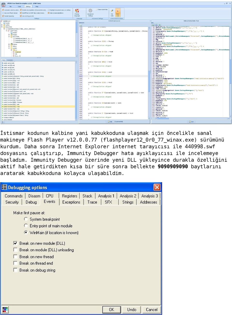 swf dosyasını çalıştırıp, Immunity Debugger hata ayıklayıcısı ile incelemeye başladım.